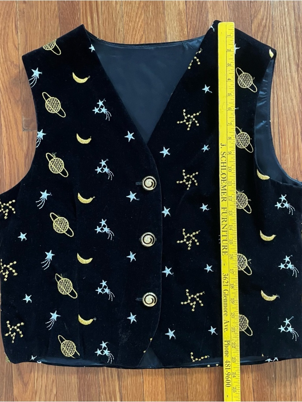 Vintage Celestial Embroidered Velvet Vest - Moon Saturn Stars Black & Gold - Picture 3 of 6